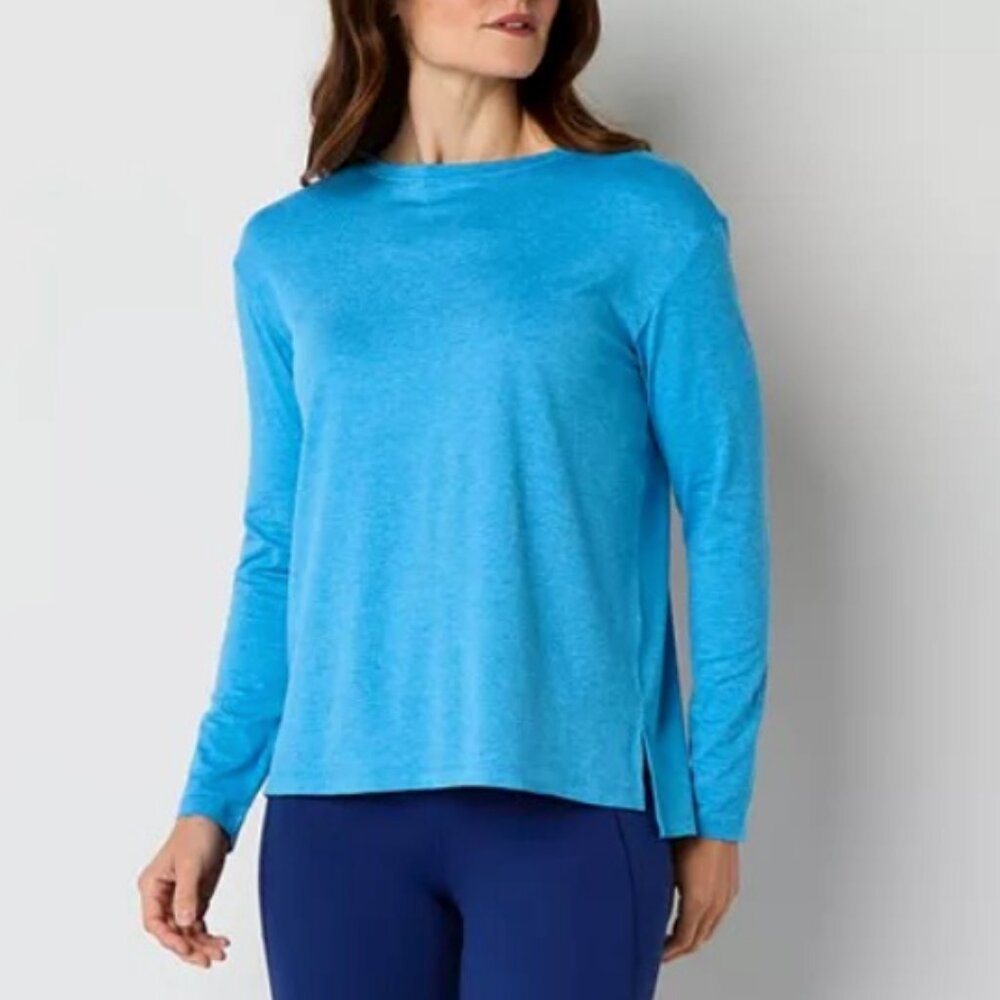 Xersion Womens All Day Crew Neck Long Sleeve Tunic Top, Medium, Blue